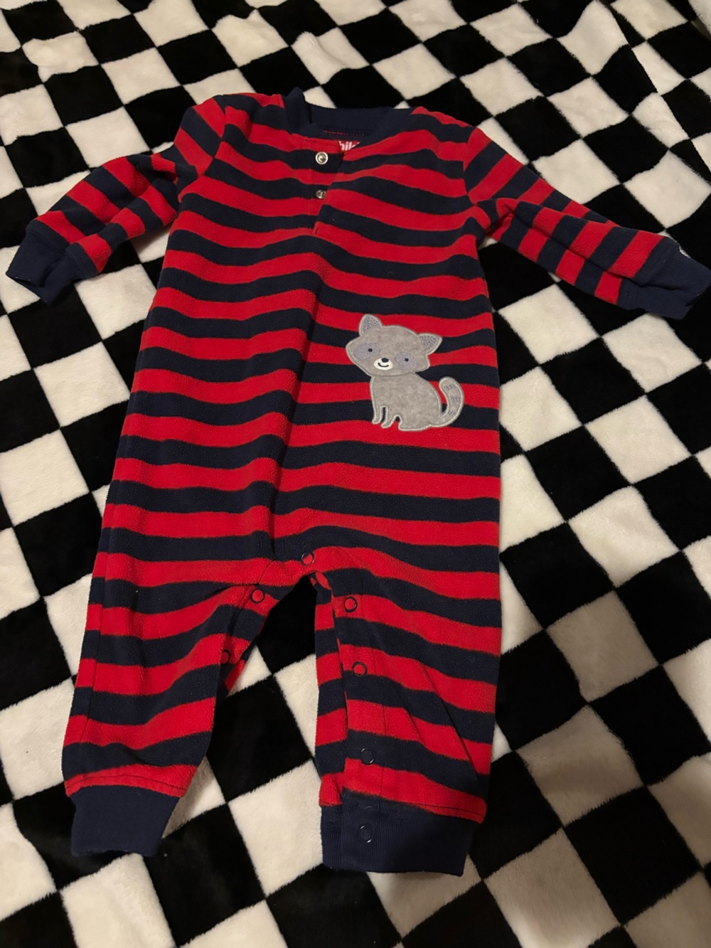 3/6 month red navy striped raccoon onesie